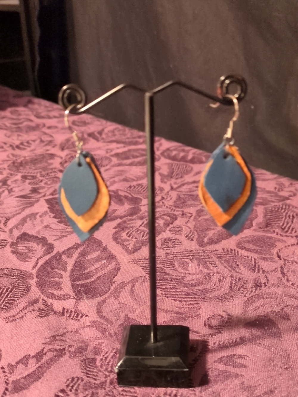 Handmade Blue and Tan Genuine Leather Layered Leaf Drop Earrings 925 Hook